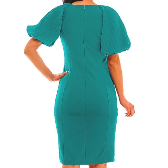 💙💚Nina Leonard Teal Puff Sleeves Dress💙💚women’s clothing-size large-cocktail💙💚 - Picture 2 of 2